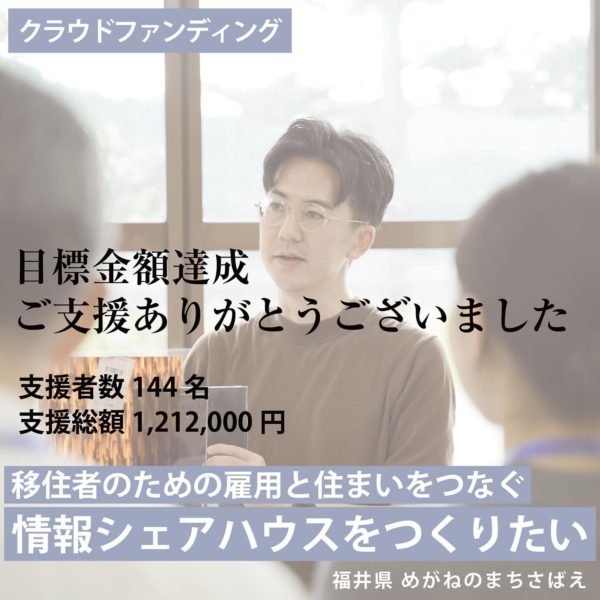 .\目標金額達成///クラウドファンディングが目標金額を達成し、終了することができました。ご支援いただいた皆様、本当にありがとうございました。144名の方から1,212,000円のご支援を頂くことができました。多くの方にサワショウ邸や沢正眼鏡について知っていただき応援いただいた事は、ご支援額以上のものを頂いた気持ちです。今後の自分たちの活動に大きな励みとなりました。今後は情報シェアハウスの整備を進めていきながらDIYイベントや蚤の市など開催を予定しております！ぜひ、ご興味ある方はご参加ください！！引き続き、沢正眼鏡を温かく見守っていただけますと嬉しいです。改めましてご支援頂きました皆様、本当にありがとうございました。#サワショウ #沢正眼鏡 #眼鏡 #めがね #メガネ #福井 #鯖江 #Sabae #河和田 #セルフレーム #アセテート #空き家改修 #情報シェアハウス